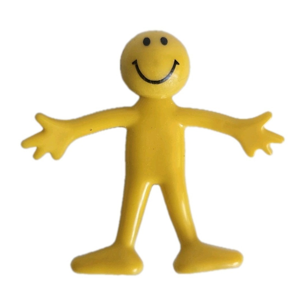 BENDY YELLOW SMILEY FACE MAN FIGURINE BENDABLE Fidget TOY 2.75" Vintage